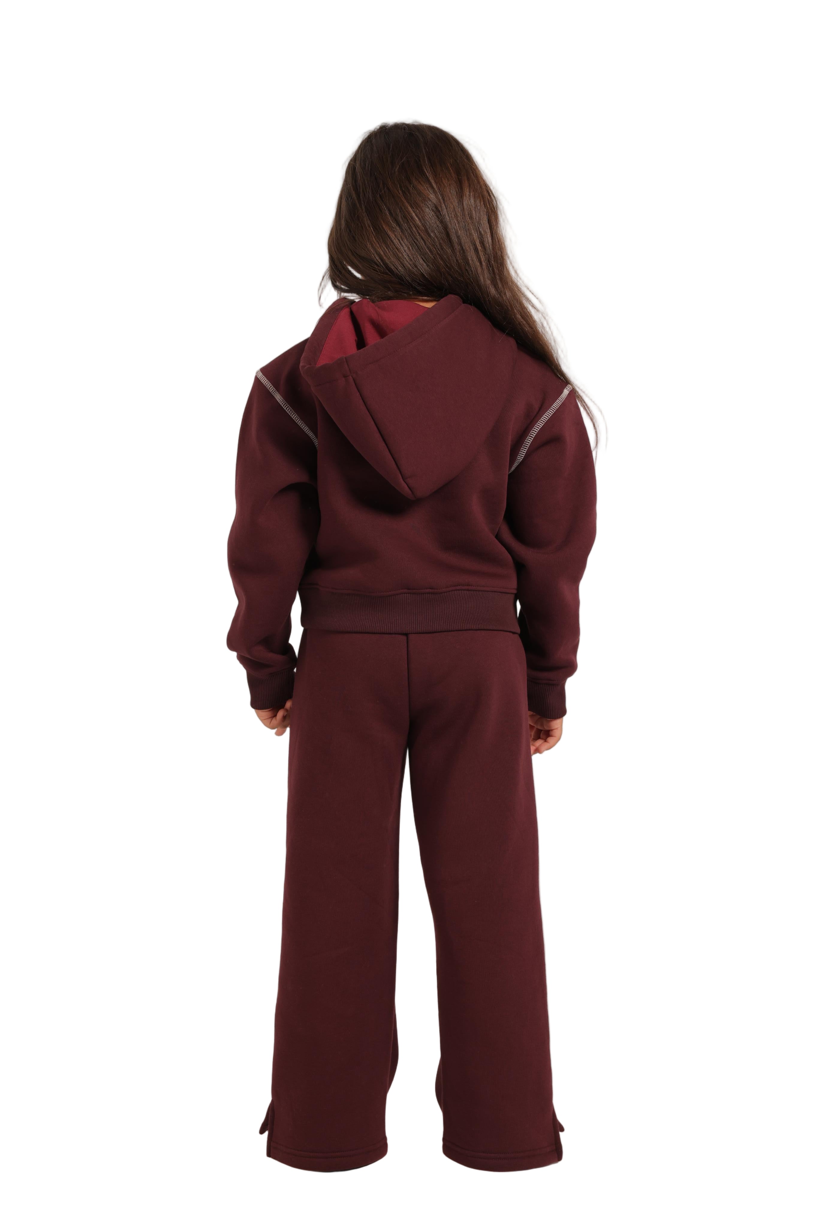 Girls' Winter Pajama Set –Burgundy Hoodie and Burgundy Wide-Leg Pants