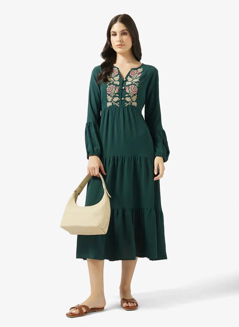 Bohemian Embroidered Tiered Midi Dress