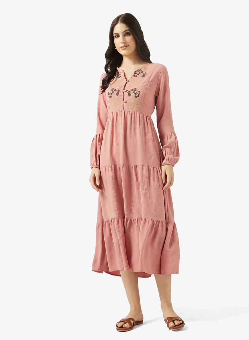 Dusty Rose Tiered Midi Dress with Floral Embroidery