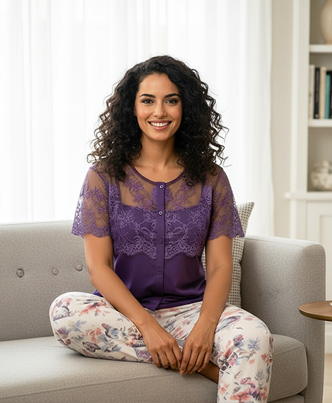 Purple Lace Short-Sleeve Top with Matching Floral Print Pajama Pants