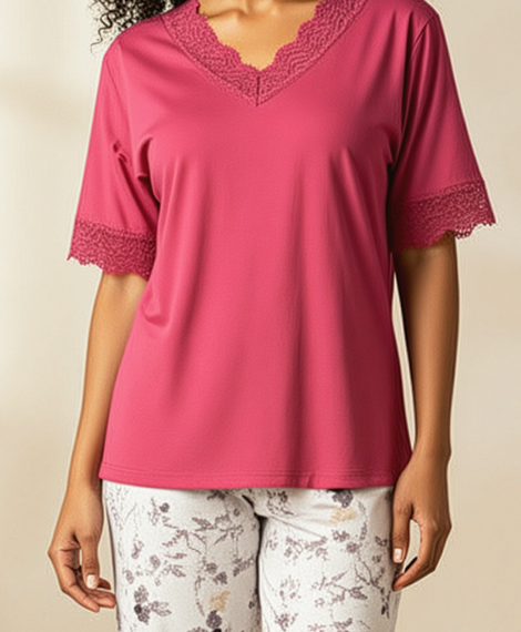 Elegant & Cozy Sleep Set: Pink V-Neck Lace Top + Floral Pajama Pants