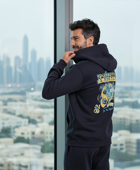 Men’s Casual Hoodie Set – Warm Jogger Tracksuit with Graphic Details - Navy Blue