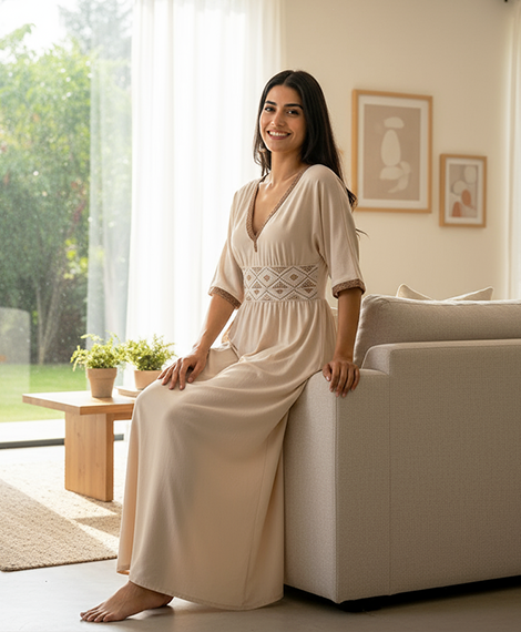 Chic Beige Embroidered Maxi Dress
