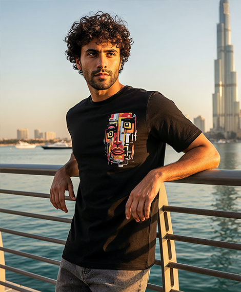 Men’s Black Graphic T-Shirt – Artistic Face Print