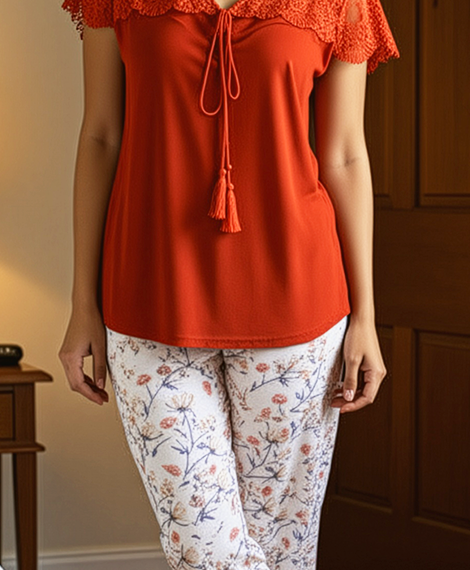 Cozy Nightwear Set: Red Top with Lace Sleeves & Floral Print Pajama Pants