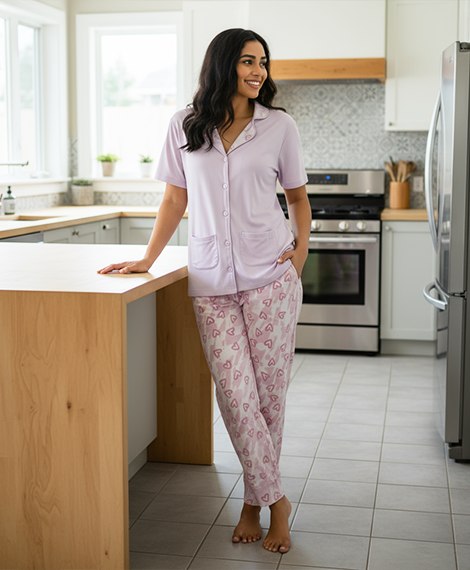 Elegant & Cozy Sleep Set: Light Purple Short-Sleeve Nightshirt + Heart-Pattern Pajama Pants