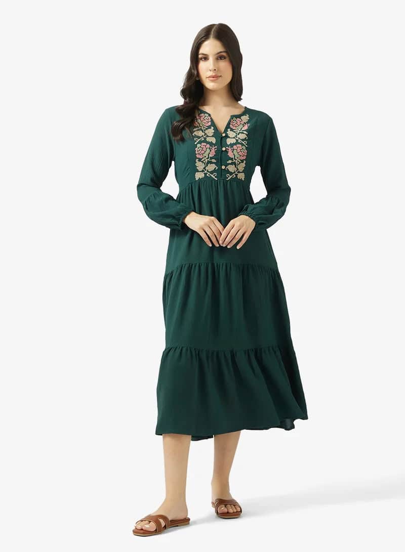 Bohemian Embroidered Tiered Midi Dress