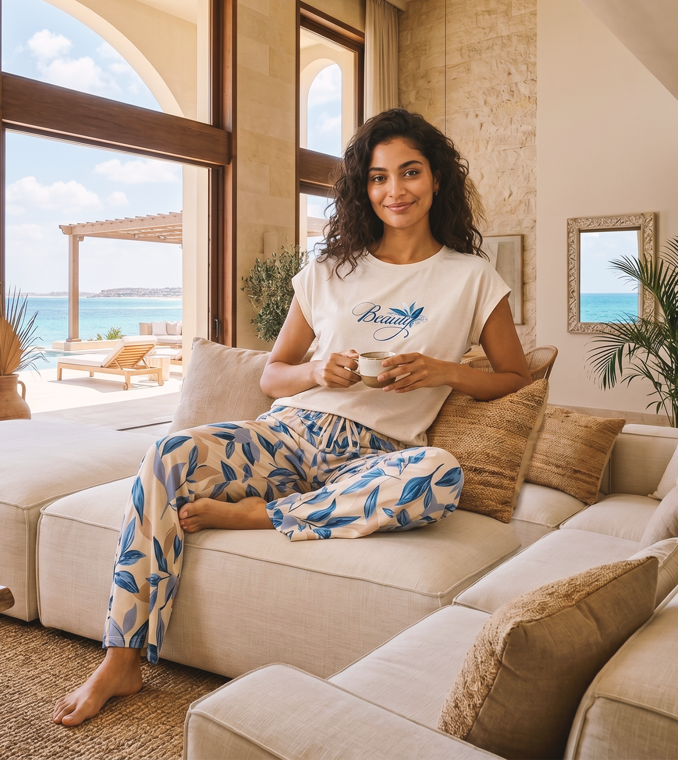 Women "Beauty" Cotton Pajama Set Blue in White