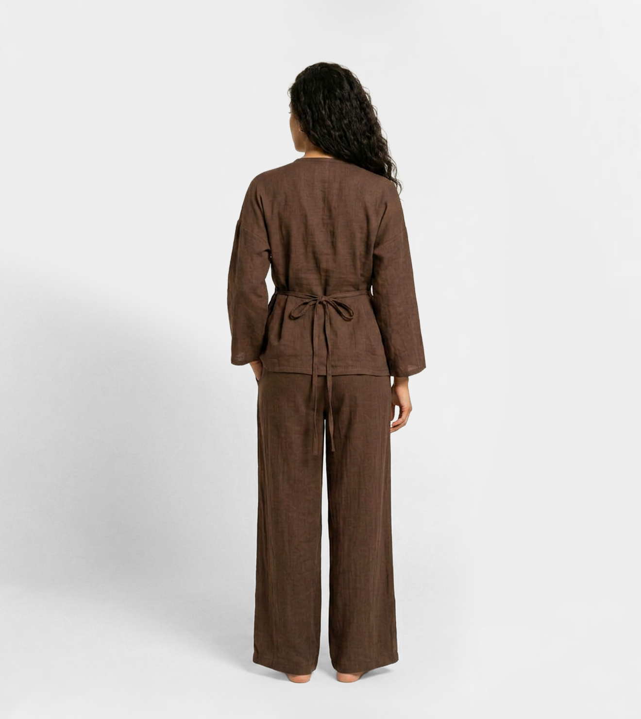 Women Linen Lounge Set | Wide-Leg Pants in Rich Brown