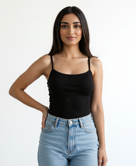 توب نسائي سادة بحمالات كتف رفيعة - أسود