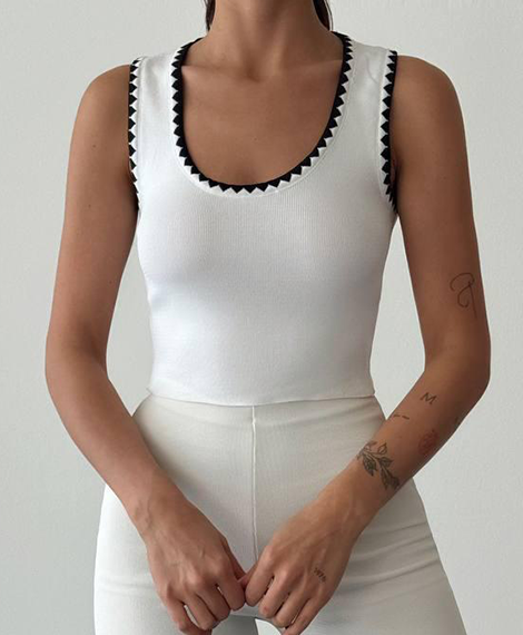 Womens Stylish Ribbed Tank Top - Features White Trim For A Trendy Look - Ecru