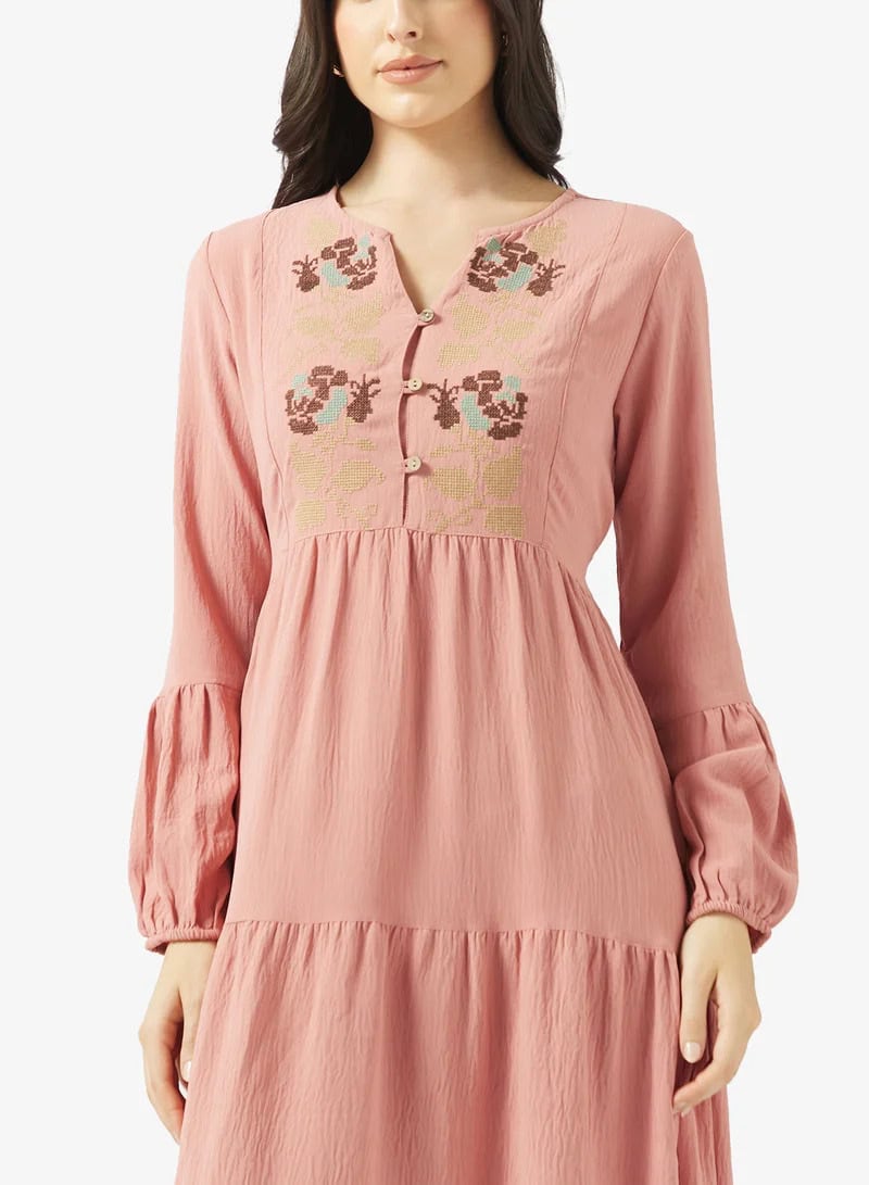 Dusty Rose Tiered Midi Dress with Floral Embroidery