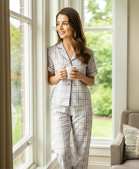 Cozy Pajama Set in Soft Plaid: Short-Sleeve Button-Front Top + Matching Pants