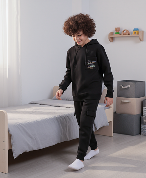 Boys’ Black Hoodie & Cargo Jogger Set – Street Style Comfort