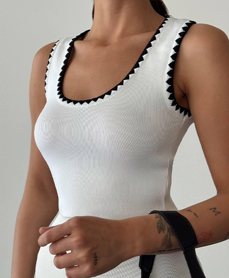 Womens Stylish Ribbed Tank Top - Features White Trim For A Trendy Look - Ecru