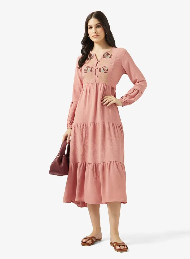 Dusty Rose Tiered Midi Dress with Floral Embroidery