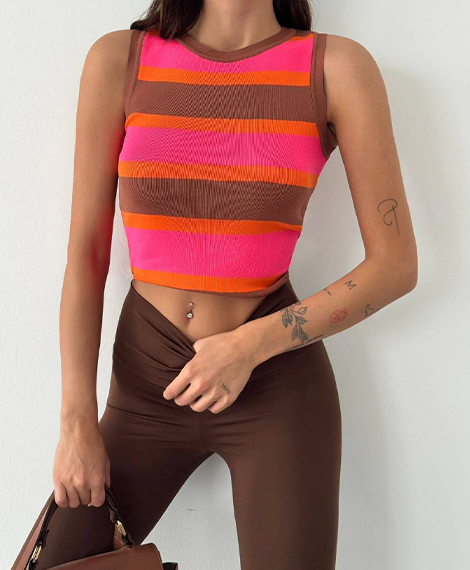 Ribbed Crop Top For Womens Casual Wear - Brown