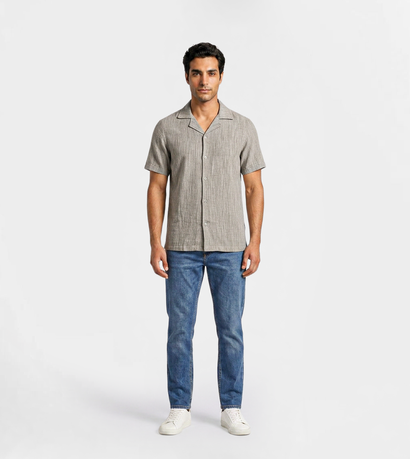 Men Linen Shirt | Short-Sleeve Camp Collar in Charcoal Grey