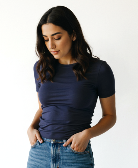 تي شيرت بيزك للنساء، بأكمام قصيرة - أزرق داكن