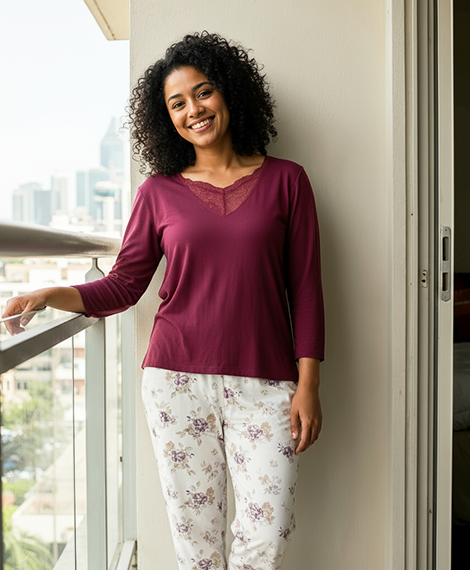 Lace-V-neck Top + Floral Pajama Pants