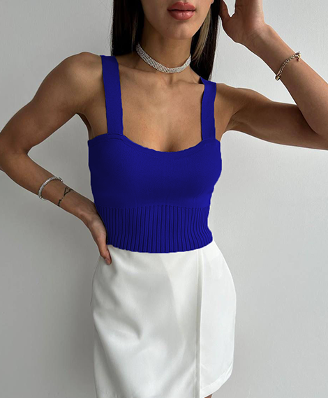 Womens Ribbed Knit Crop Top - Perfect For Evening Events And Casual Elegance - Sax