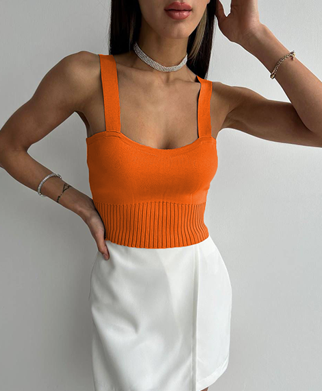 Womens Ribbed Knit Crop Top - Perfect For Evening Events and Casual Elegance - Orange