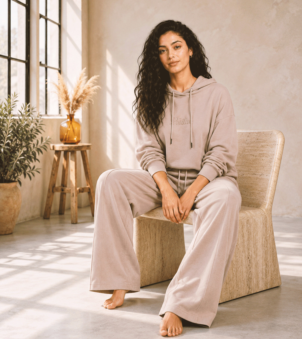 Women's Beige Hoodie & Wide-Leg Pants