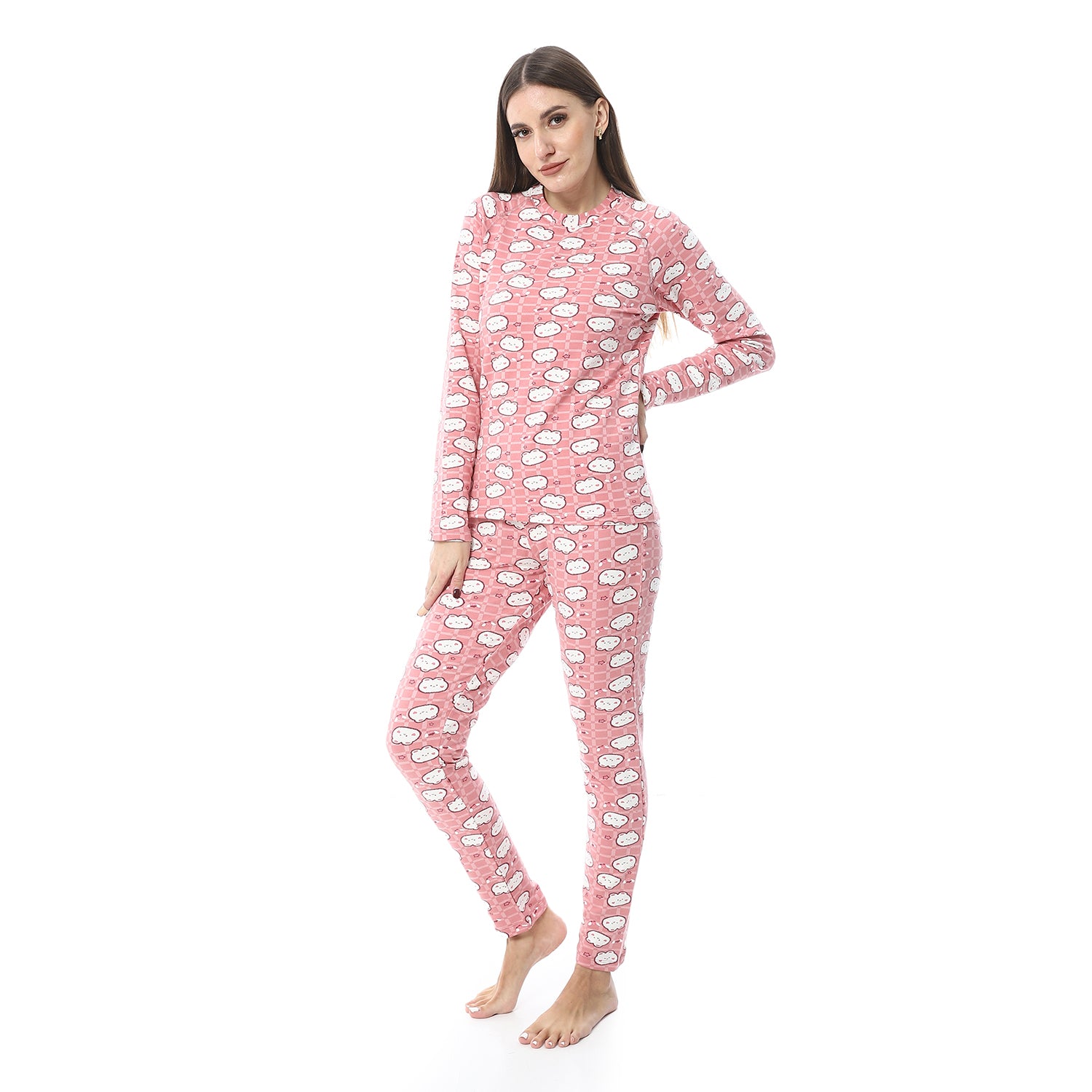 طقم حراري مطبوع للنساء مبطن من الداخل - وردي