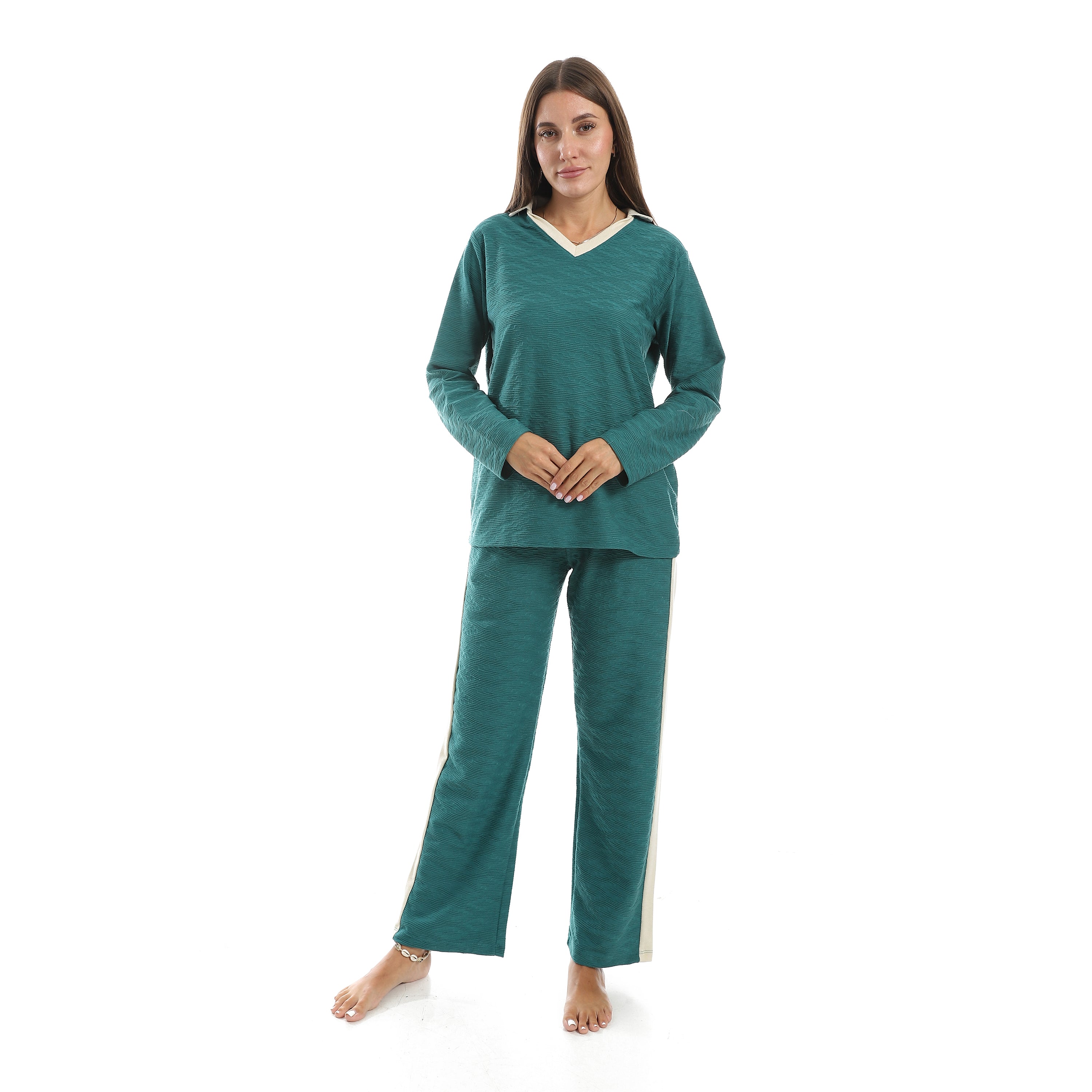 Women’s Jacquard Pajama Set – Long Sleeve Top & Pants with Beige Side Stripe -Ganzari