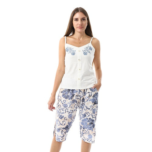 Womens Floral Print Pajama Set - Off White