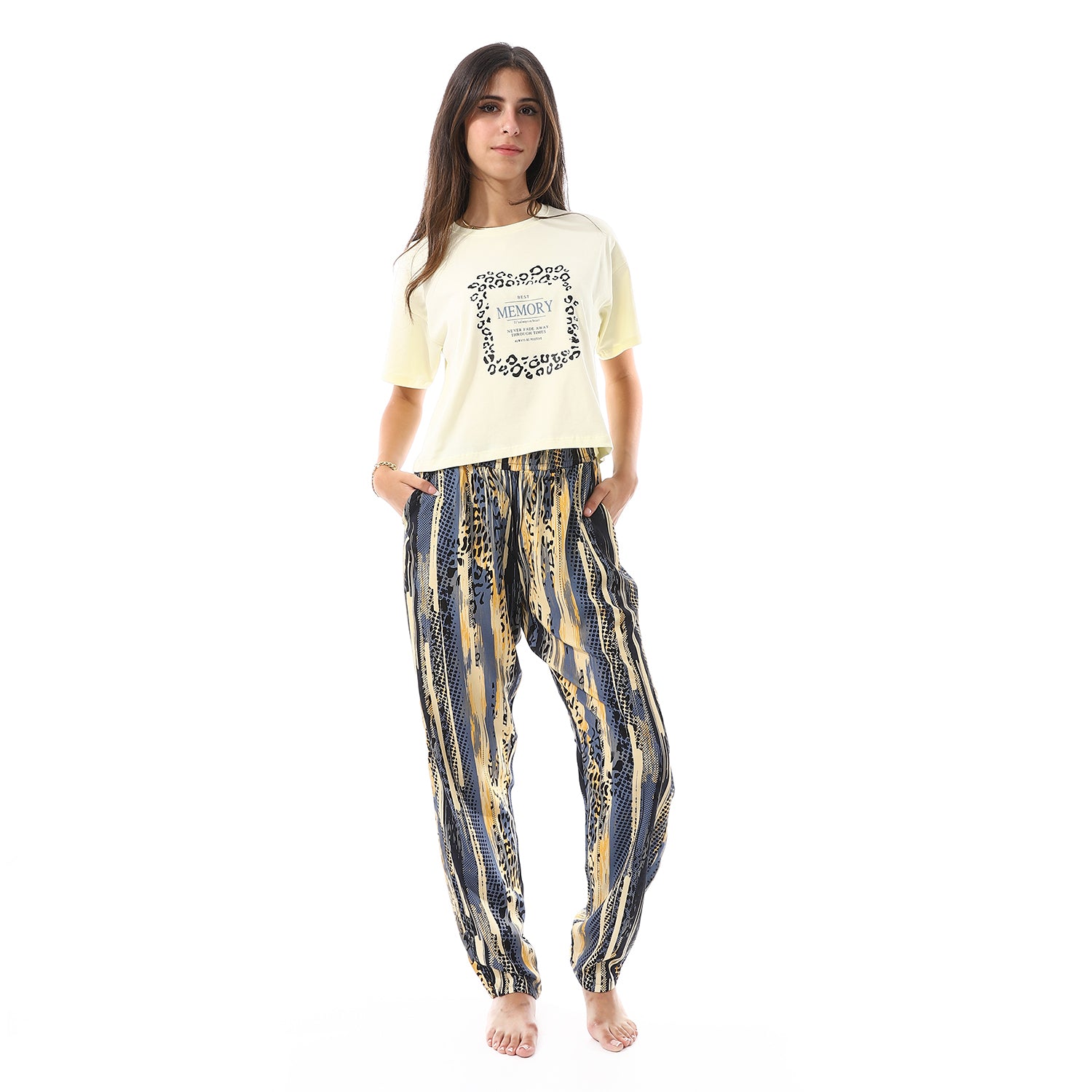Womens Summer Pajamas Crop Shirt & Pants - Yellow