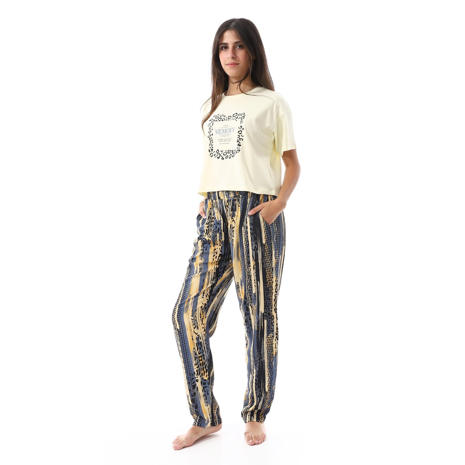 Womens Summer Pajamas Crop Shirt & Pants - Yellow