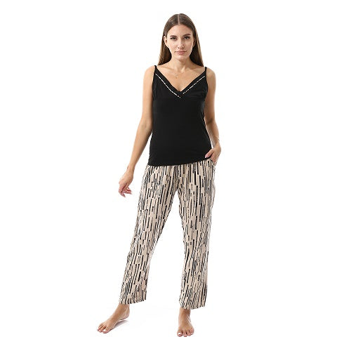 Set Of 3 Robe, Top & Pants Pajama Set For Women- Beige