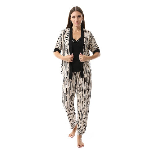 Set Of 3 Robe, Top & Pants Pajama Set For Women- Beige