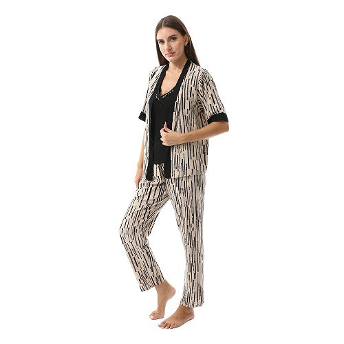 Set Of 3 Robe, Top & Pants Pajama Set For Women- Beige