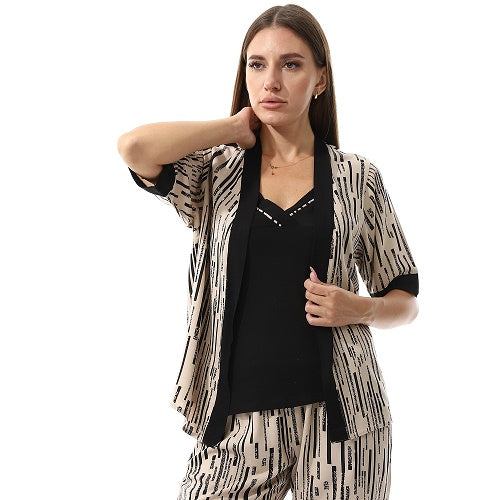 Set Of 3 Robe, Top & Pants Pajama Set For Women- Beige