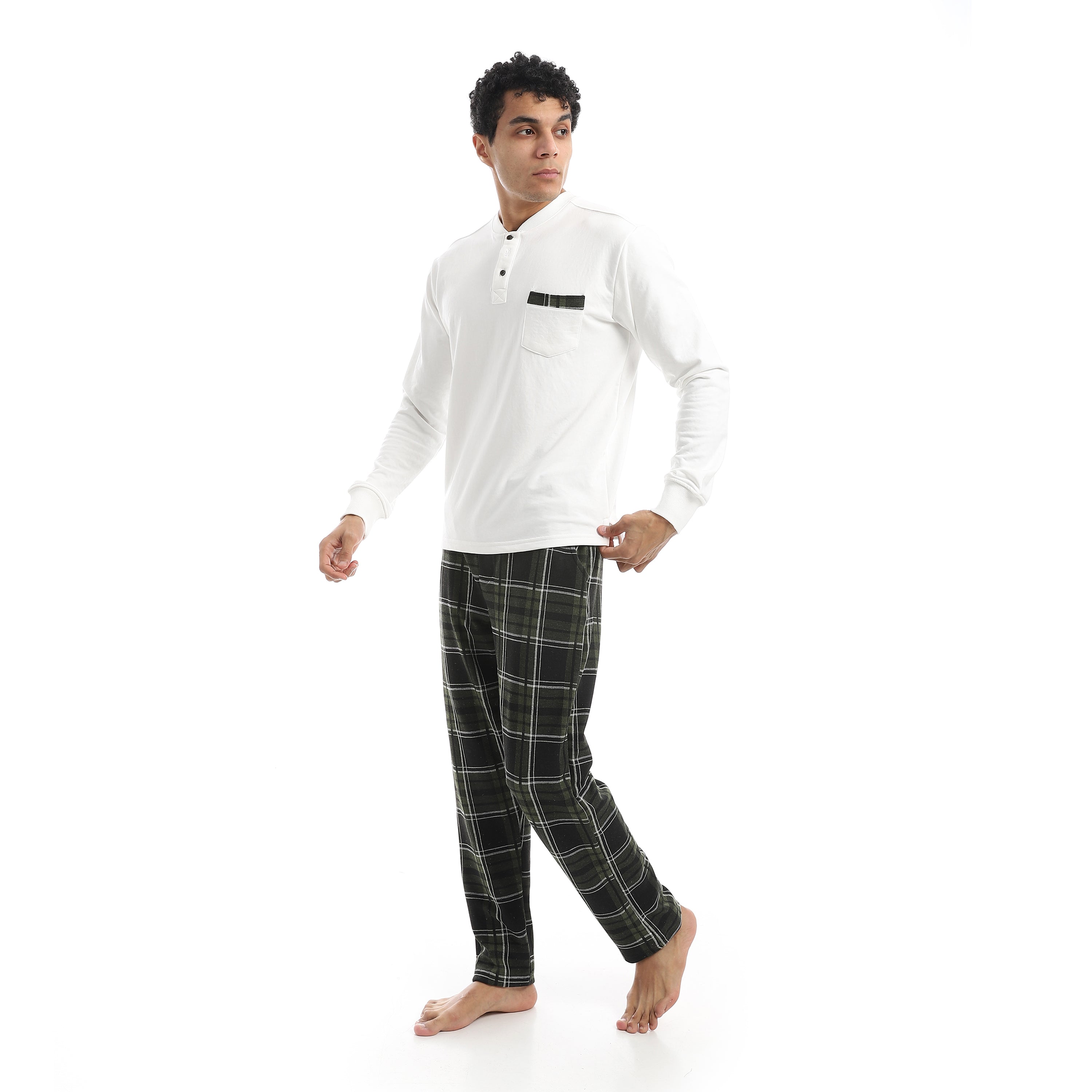 Classic Men’s Pajama Set – Long Sleeve Top & Check Pants - Red cotton