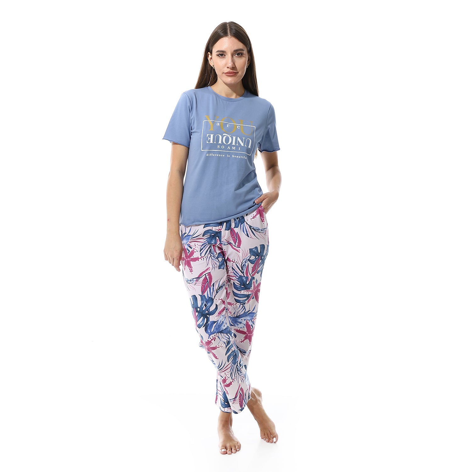 Womens Summer Pajamas Stylish Blue Shirt & White Pants