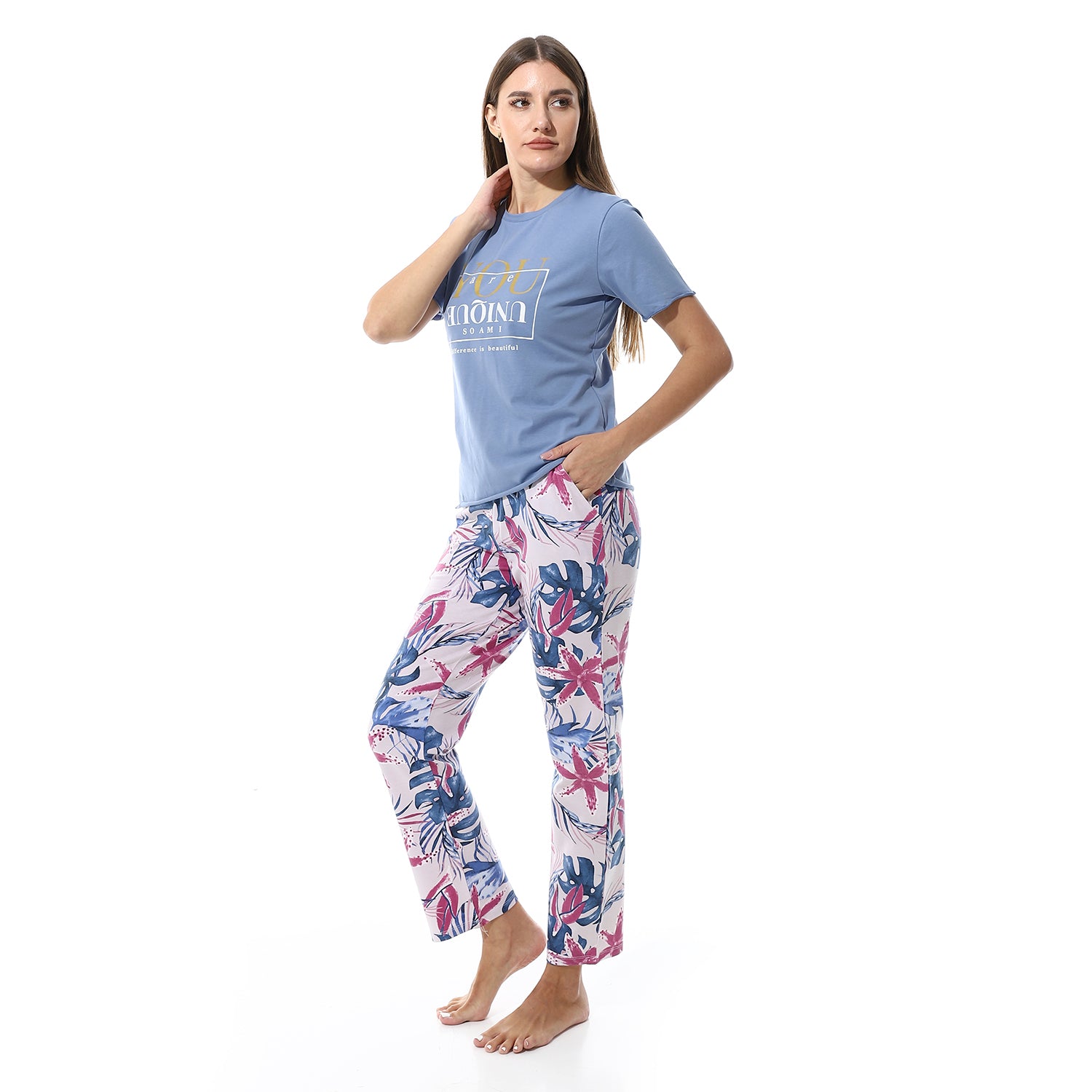Womens Summer Pajamas Stylish Blue Shirt & White Pants