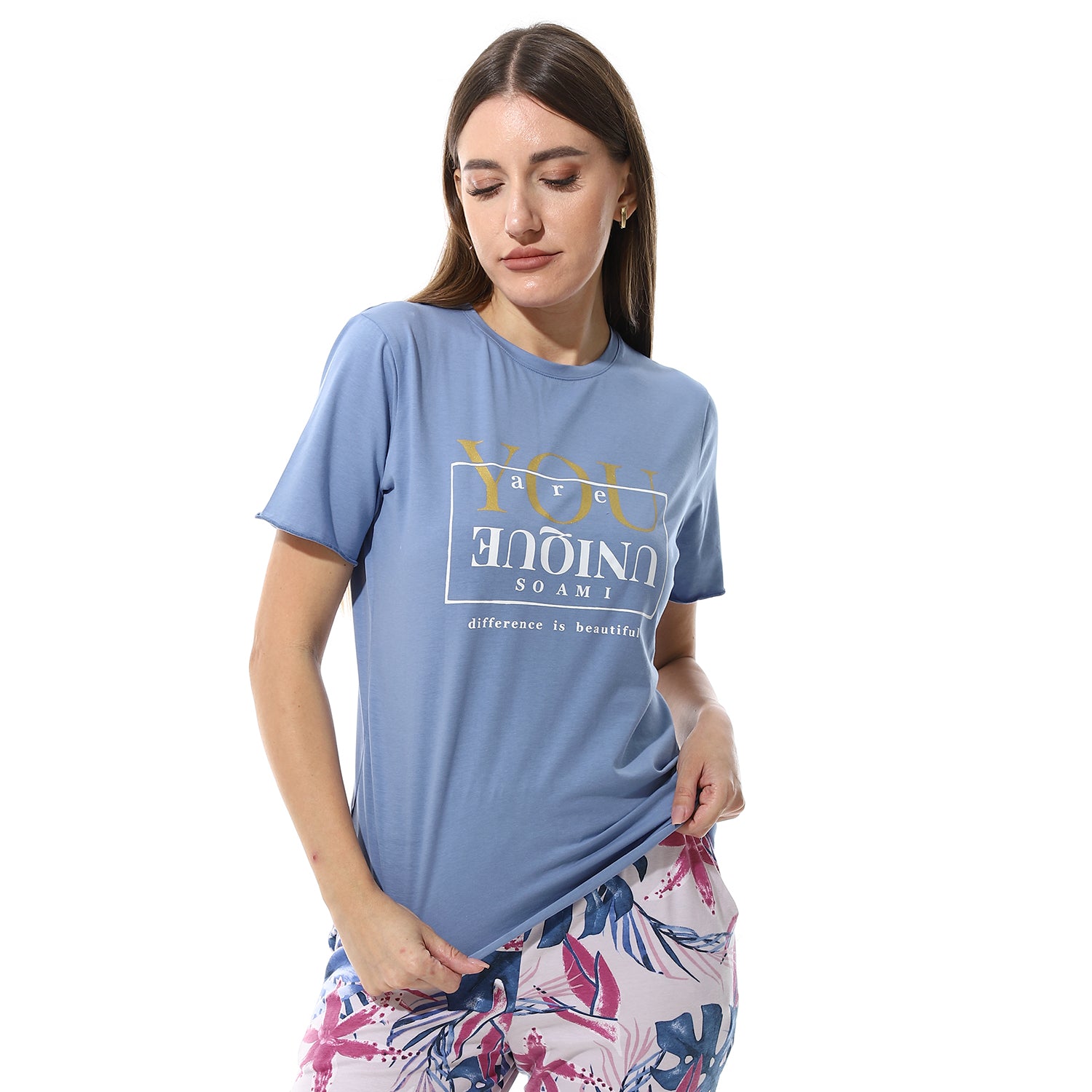 Womens Summer Pajamas Stylish Blue Shirt & White Pants