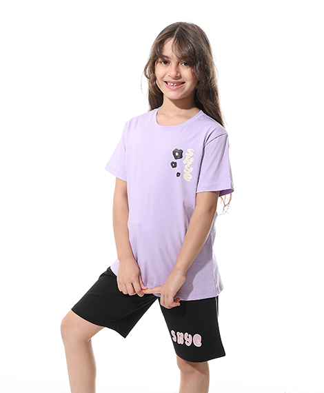 Girls’ Purple Printed Short Pajama Set