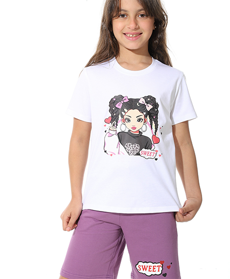Girls’ Purple "Sweet" Printed Short Pajama Set