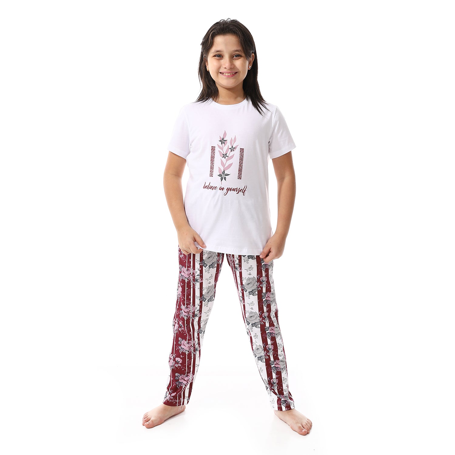 Girls Summer Pajama , Soft And Comfy - White & Red