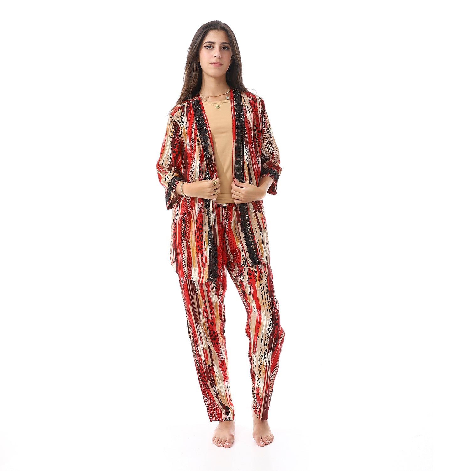 Set Of 3 Robe, Top & Pants Pajama Set For Women - Beige & Red
