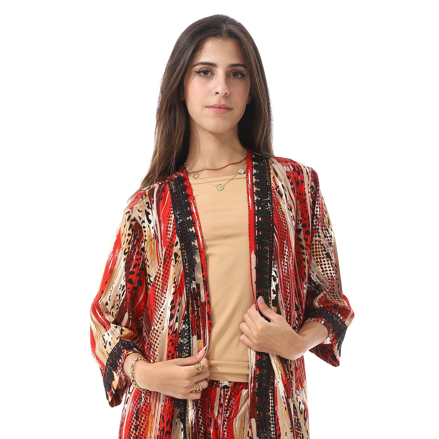 Set Of 3 Robe, Top & Pants Pajama Set For Women - Beige & Red