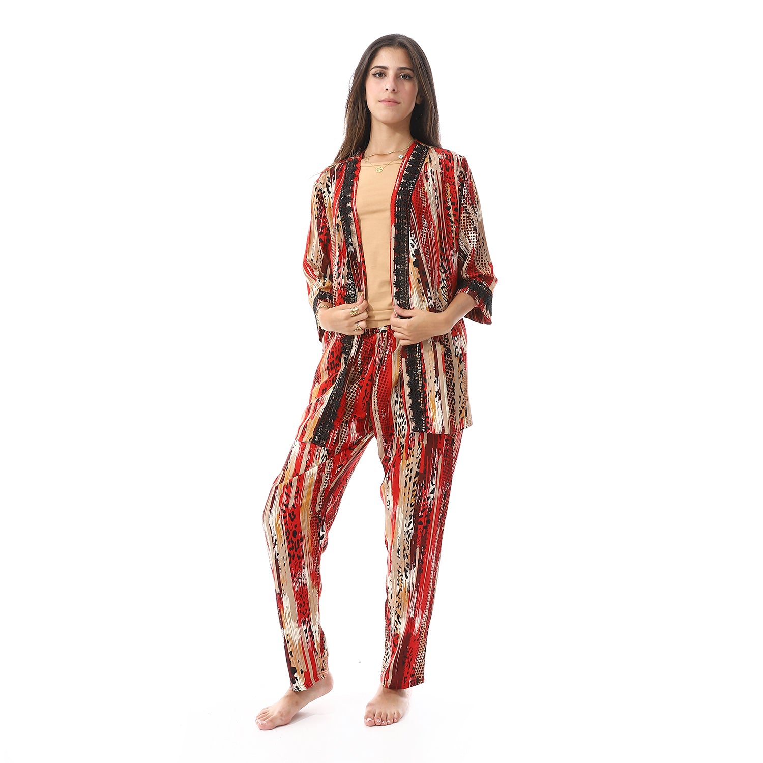 Set Of 3 Robe, Top & Pants Pajama Set For Women - Beige & Red