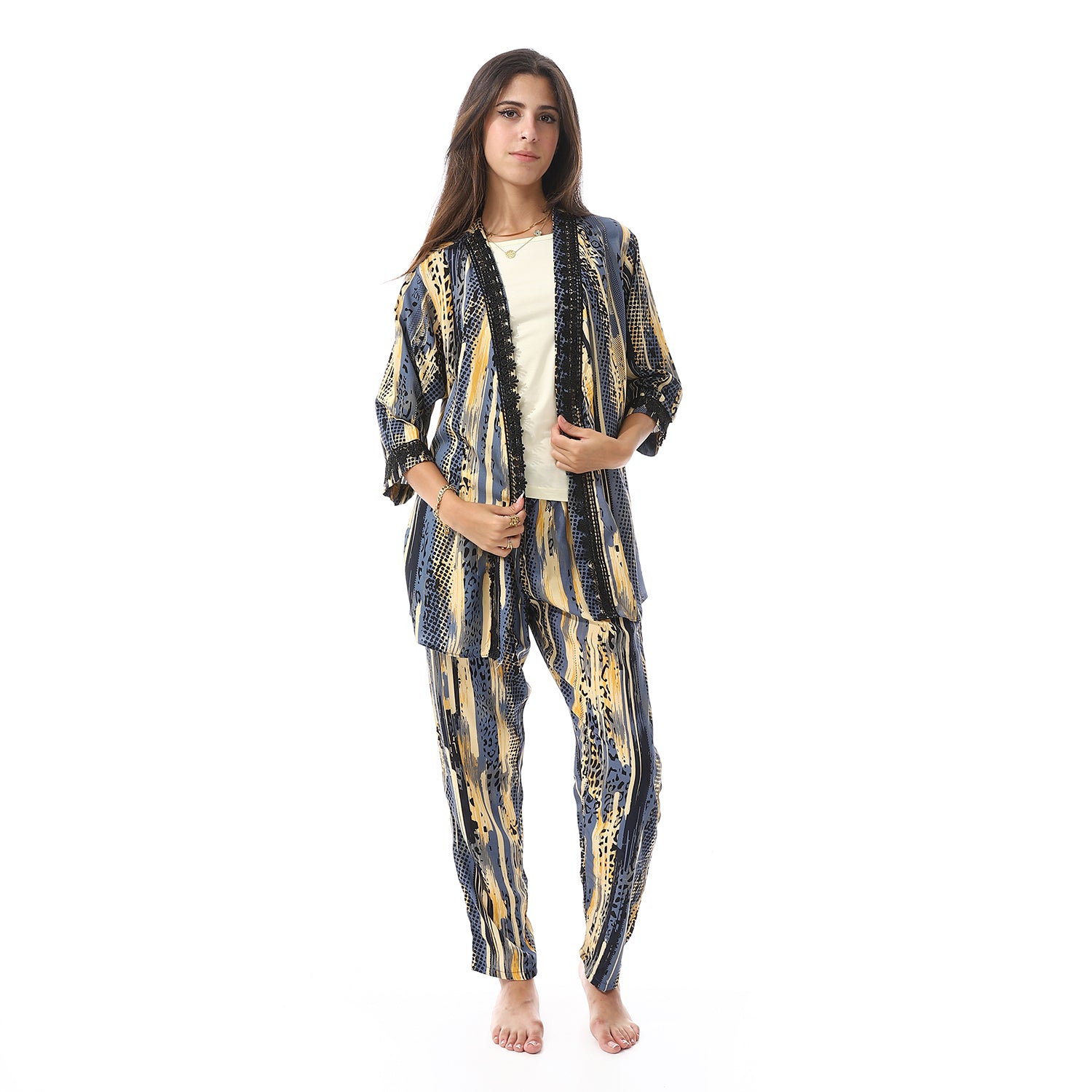 Set Of 3 Robe, Top & Pants Pajama Set For Women - Yellow
