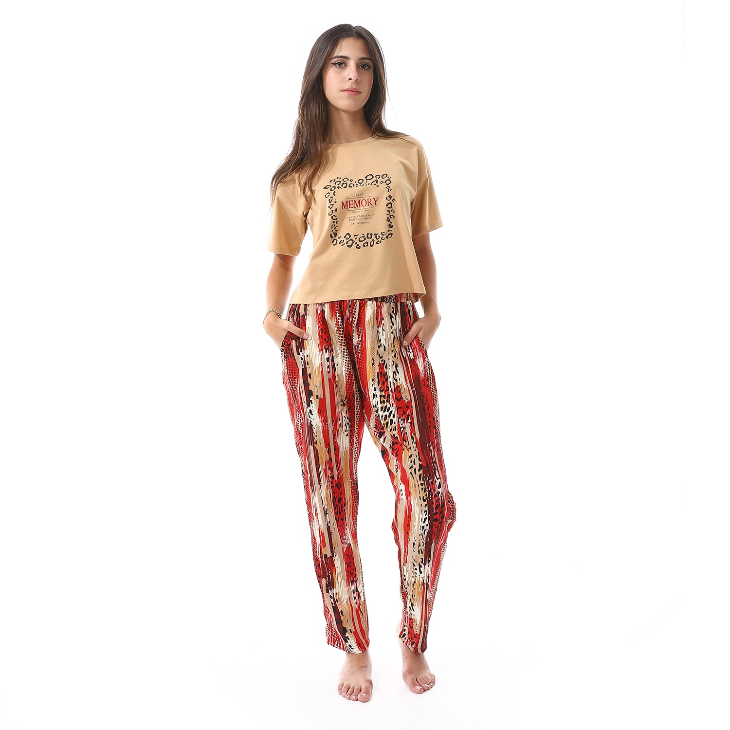 Womens Summer Pajamas Crop Shirt & Pants - Beige