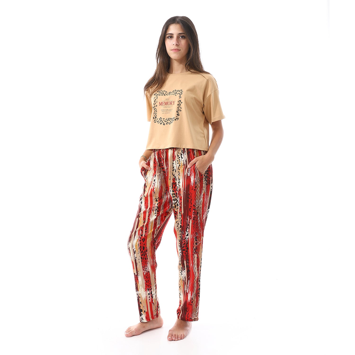 Womens Summer Pajamas Crop Shirt & Pants - Beige