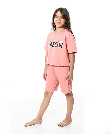 Girls’ Pink Meow Printed Short Set